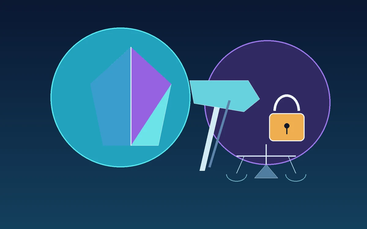 Editorial illustration of a faceted prism, fantasy hammer, lock, and trade balance