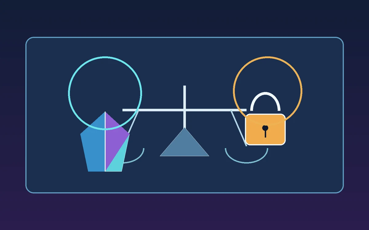 Editorial trade safety diagram showing a prism, balance scale, and locked item state