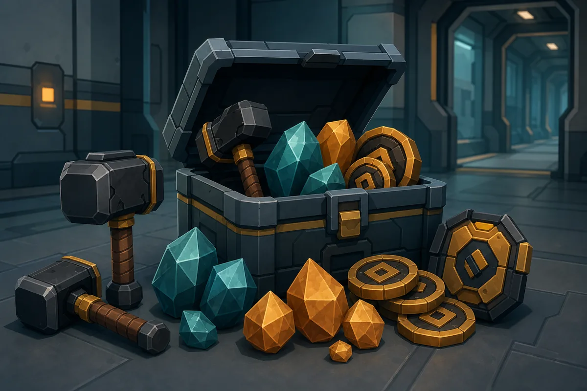 Illustrative collection of Flee the Facility-inspired hammers, gemstones, event tokens, and a trade crate