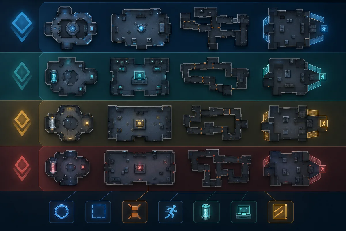 Flee the Facilityのマップをティア別に比較する編集用コンセプト図