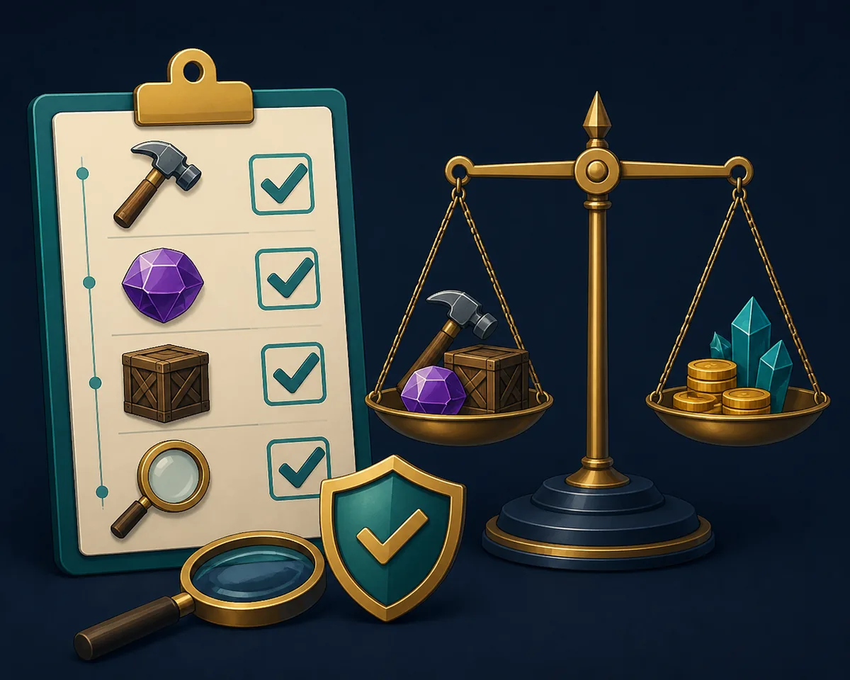Checklist editorial para conferir nome do item, valor, demanda, contexto da caixa e segurança da troca