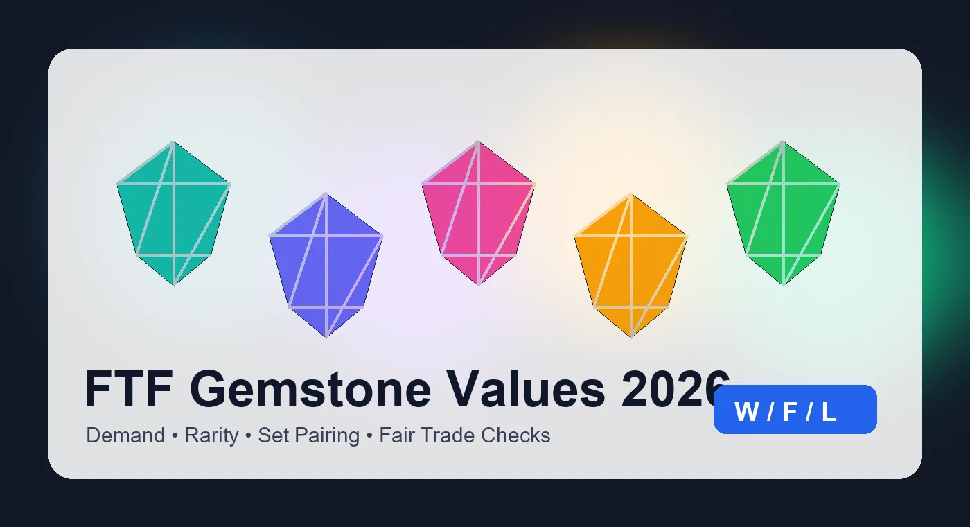 FTF Gemstone Values 2026 guide with glowing gemstones, trade arrows, and value checklist