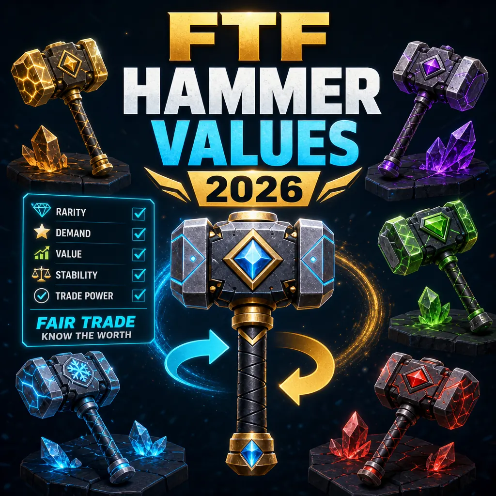 Guide des valeurs des marteaux FTF 2026 avec marteaux de collection, flèches de trade et liste de vérification de valeur