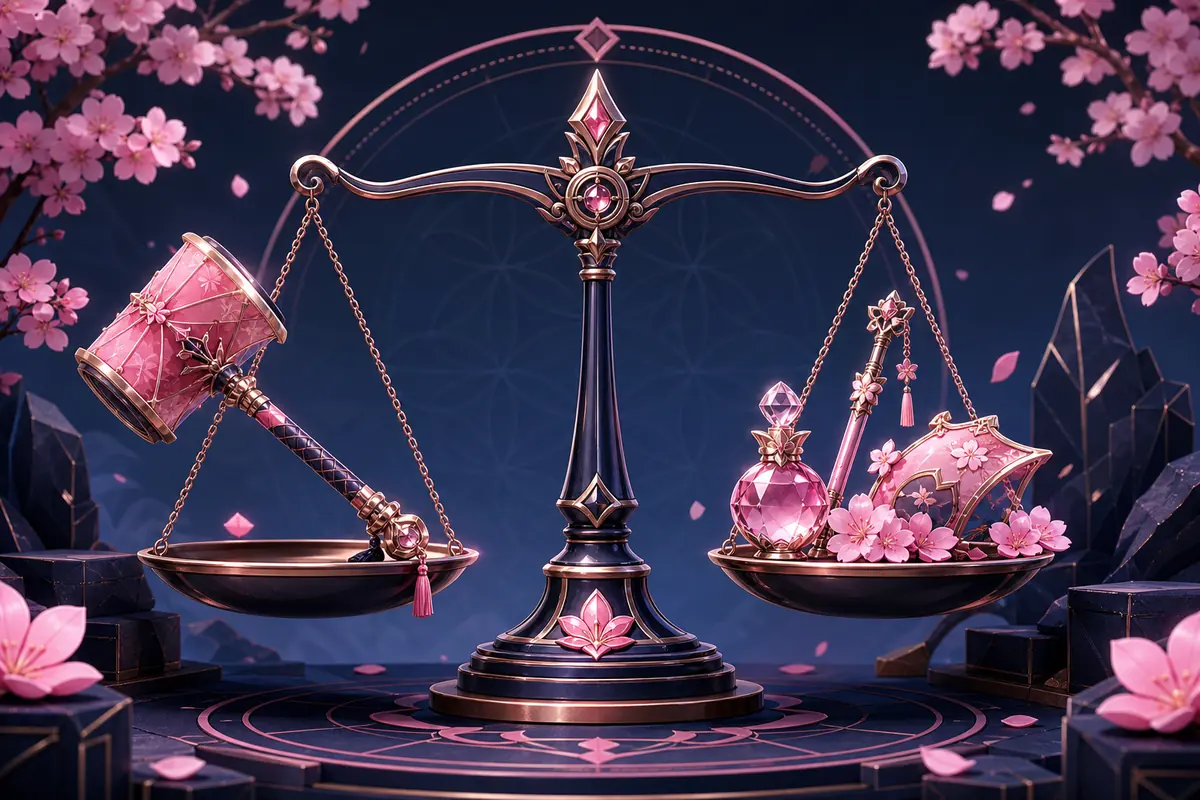 Redaktionelle Waage mit Sakura-Parasol-Hammer und passendem Edelstein